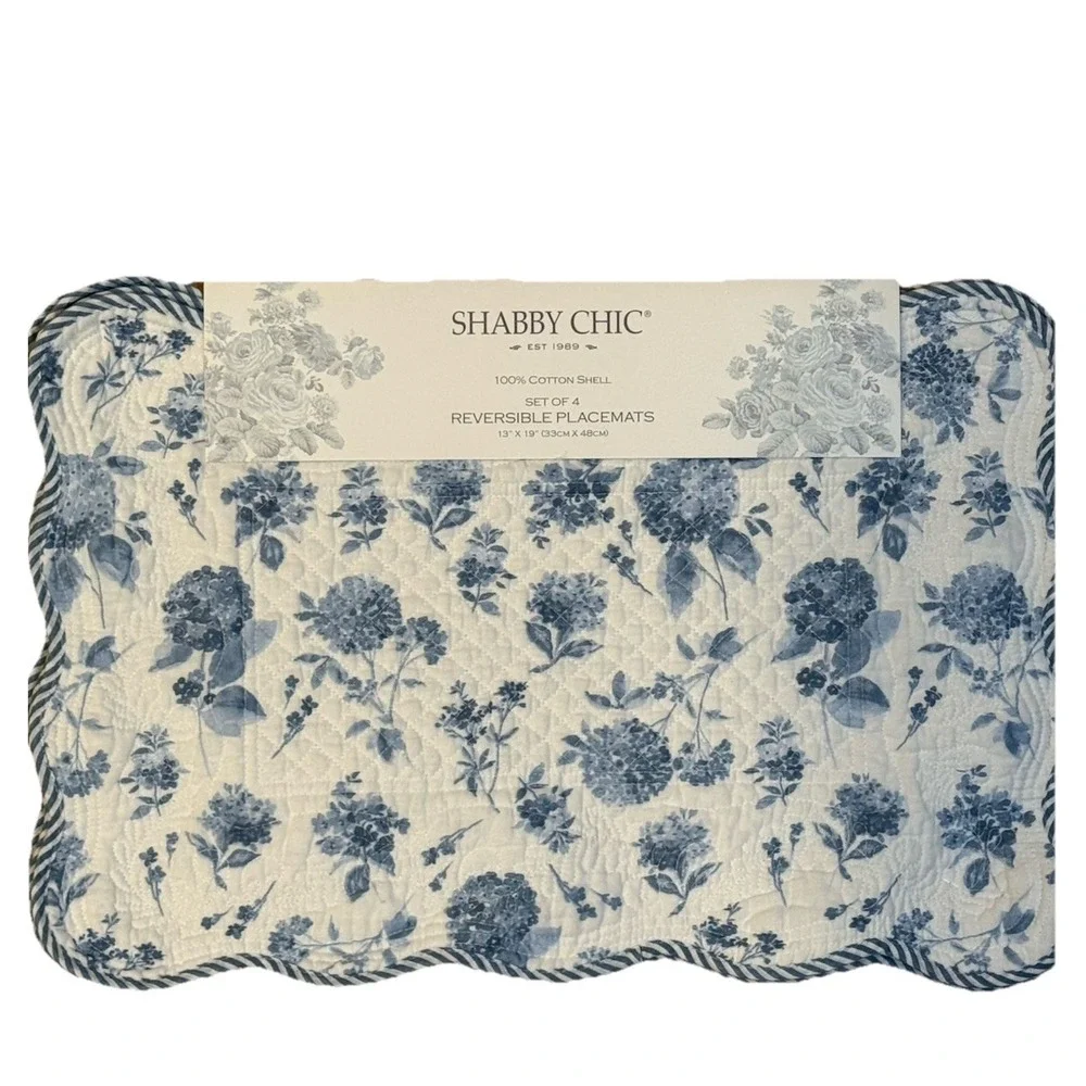 NEW Shabby Chic Set Of 4 Scalloped Edged Blue White Hydrangea‎ Quilted Placemats